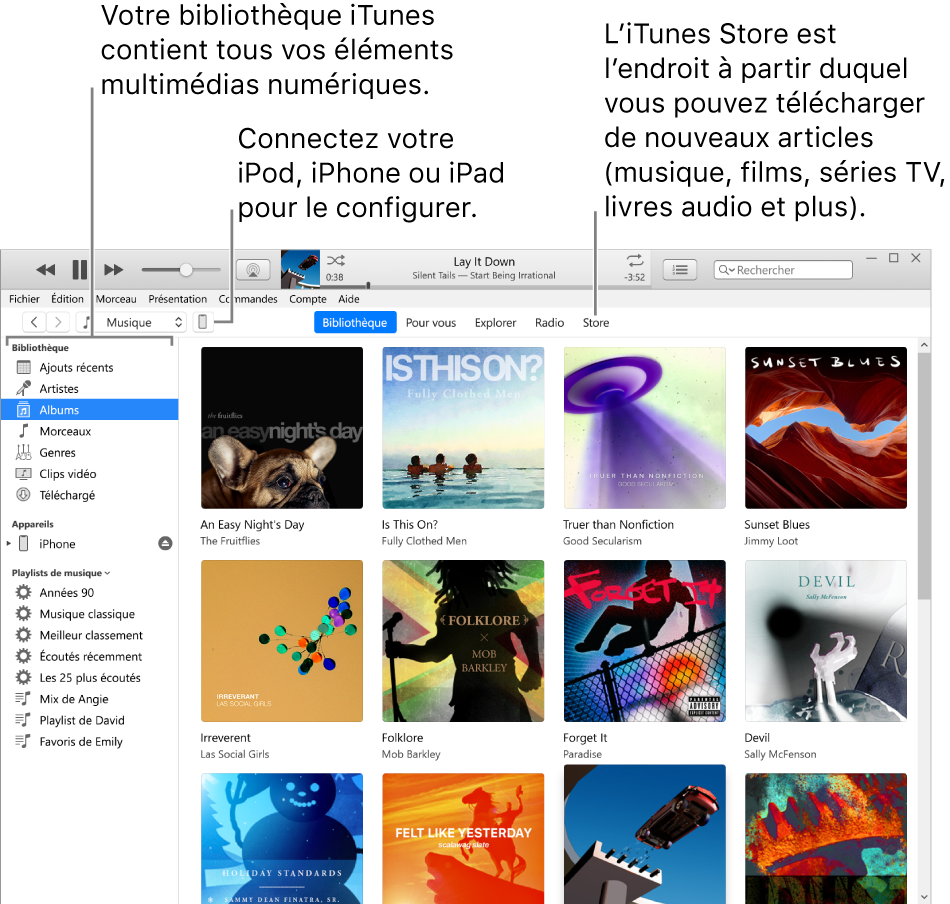Présentation de la fenêtre iTunes : La fenêtre iTunes se compose de deux sous-fenêtres. La barre latérale Bibliothèque, qui contient tous vos contenus multimédias numériques, se trouve sur la gauche. Sur la droite, dans la plus vaste zone de contenus, vous pouvez voir une sélection correspondant à vos intérêts, par exemple : visiter votre bibliothèque ou votre page Pour vous, explorer les nouvelles musiques et vidéos iTunes, ou visiter l’iTunes Store pour télécharger de nouveaux morceaux, films, séries TV, livres audio, etc. En haut à droite de la barre latérale Bibliothèque se trouve le bouton Appareil, qui s’affiche lorsque votre iPhone, iPad ou iPod est connecté à votre PC.