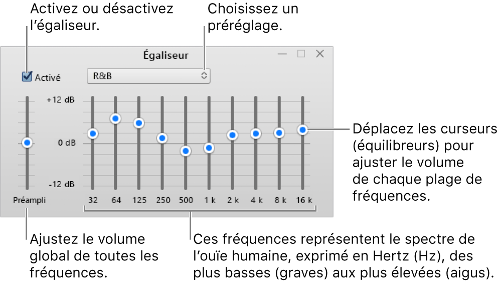 La fenêtre Égaliseur : La case pour activer l’égaliseur iTunes se trouve dans le coin supérieur gauche. Le menu local avec les préréglages de l’égaliseur est situé à côté. À l’extrémité gauche, réglez le volume global des fréquences avec le préampli. Sous les préréglages de l’égaliseur, réglez le niveau sonore des différentes plages de fréquences qui représentent le spectre auditif humain, des plus basses aux plus élevées.