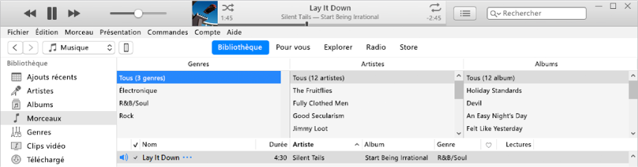 La fenêtre principale d’iTunes : Le navigateur par colonne apparaît à droite de la barre latérale et au-dessus de la liste des morceaux.