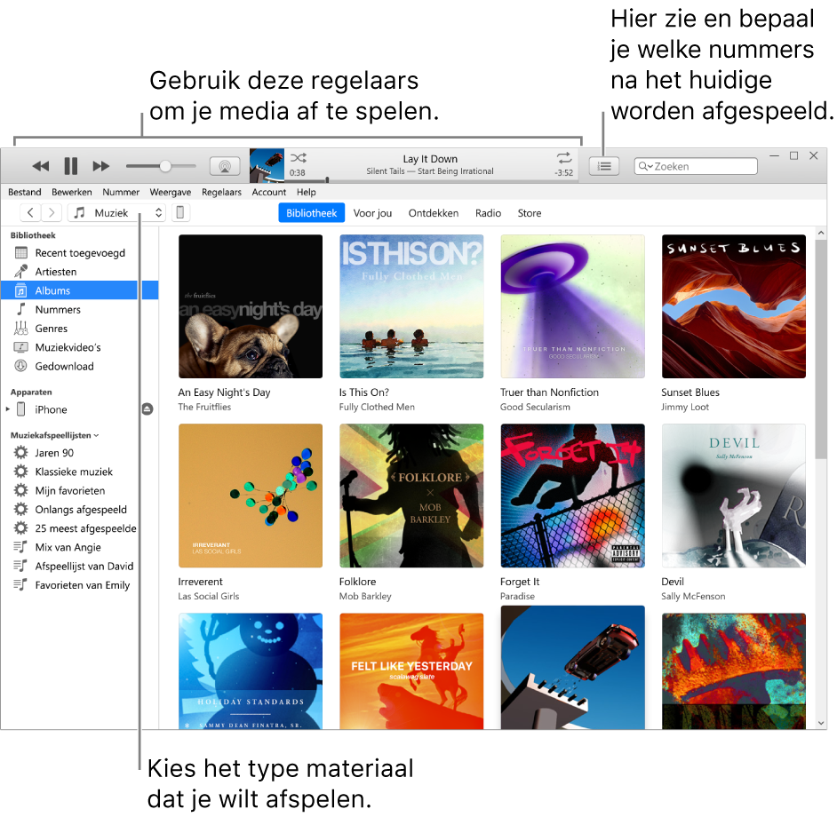 Het hoofdvenster van de iTunes-bibliotheek: In het navigatiepaneel kies je het type media dat je wilt afspelen (zoals muziek). Met de regelaars boven in het venster kun je het afspelen regelen. Gebruik de keuzelijst 'Volgende' aan de rechterkant om de bibliotheek op verschillende manieren weer te geven.