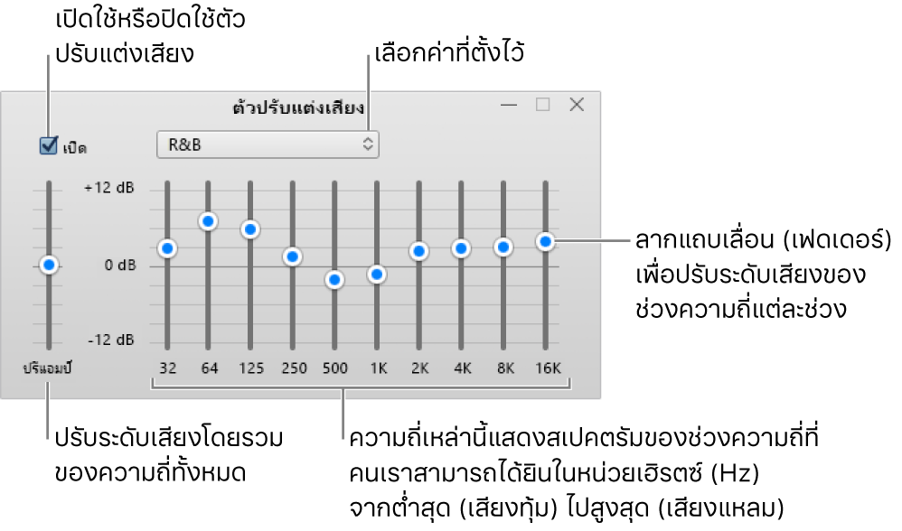 หน้าต่างตัวปรับแต่งเสียง: กล่องกาเครื่องหมายเพื่อเปิดตัวปรับแต่งเสียง iTunes อยู่ที่มุมด้านซ้ายบน ถัดจากกล่องข้อความคือเมนูที่แสดงขึ้นพร้อมค่าที่ตั้งไว้ของตัวปรับแต่งเสียง ในด้านซ้ายถัดออกไป ให้ปรับระดับเสียงโดยรวมของความถี่ด้วยปรีแอมป์ ด้านล่างค่าที่ตั้งไว้ของตัวปรับแต่งเสียง ให้ปรับระดับเสียงของช่วงความถี่ที่ต่างกันซึ่งแสดงถึงสเปกตรัมการได้ยินของมนุษย์จากต่ำสุดไปสูงสุด