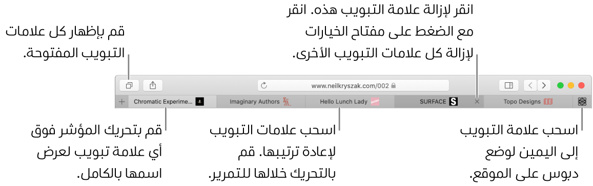 نافذة Safari وبها علامات تبويب.