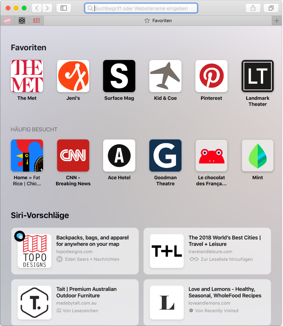 Die Startseite von Safari zeigt favorisierte und häufig besuchte Websites und Siri-Vorschläge.