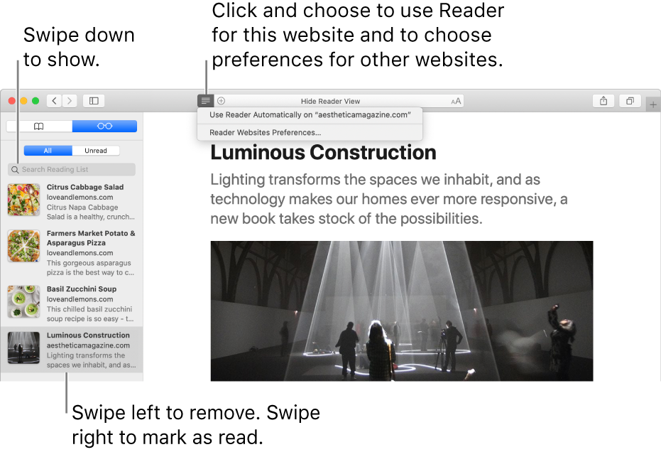 A Safari window with a Reading List displayed.