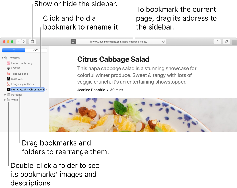 A Safari window showing bookmarks in the sidebar; one bookmark is selected for editing.