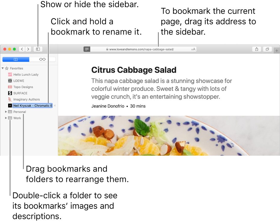 A Safari window showing bookmarks in the sidebar; one bookmark is selected for editing.