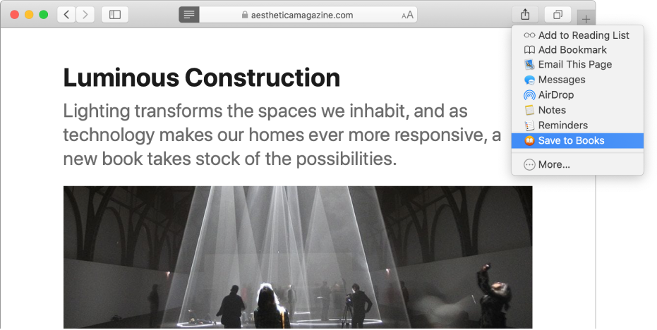 A webpage with the Share dropdown open and Save to Books selected.