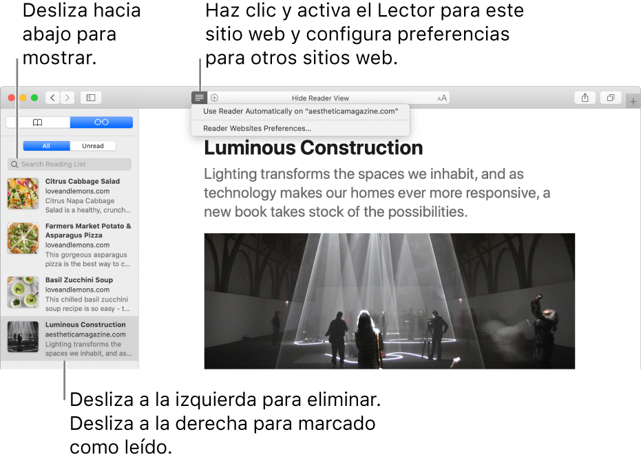 Una ventana de Safari con una lista de lectura visible.