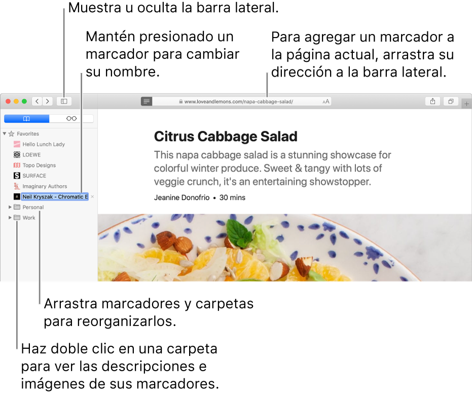 Una ventana de Safari que muestra los marcadores en la barra lateral. Un marcador está seleccionado para editar.