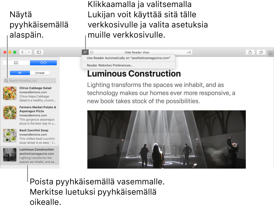 Safarin ikkuna, jossa näkyy lukulista.