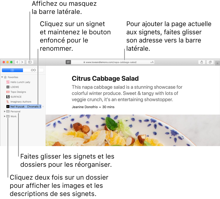 Une fenêtre Safari affichant les signets de la barre latérale ; l’un d’eux est sélectionné en vue d’être modifié.