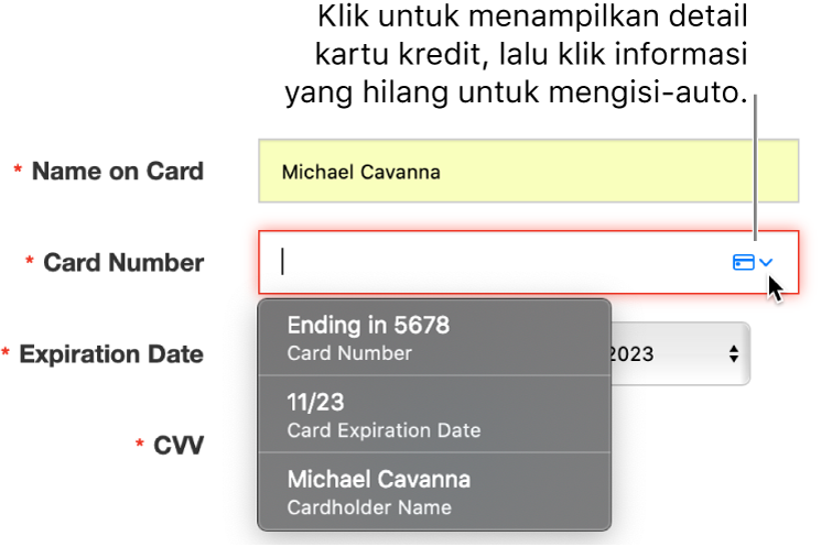 Info kartu kredit yang kekurangan detail, dengan isi auto menampilkan pilihan yang tersedia.