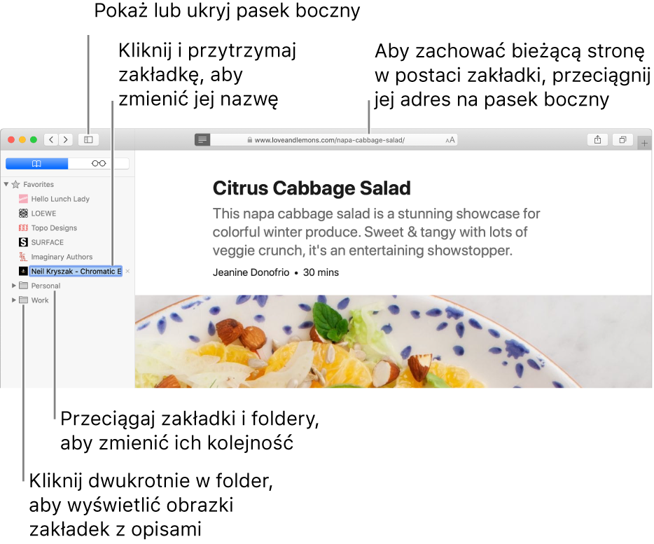 Okno Safari z zakładkami na pasku bocznym. Jedna z zakładek jest zaznaczona do edycji.
