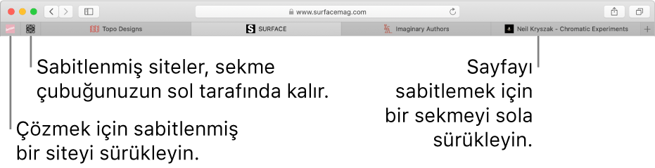 Safari sekme çubuğunda iğnelenmiş siteler.