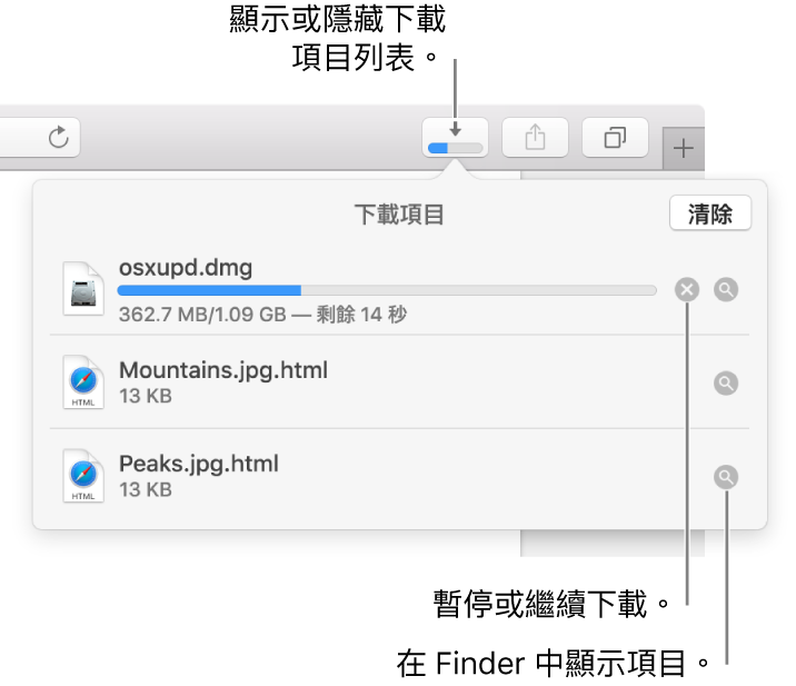 工具列中的「下載項目」按鈕,下方是下載項目列表。