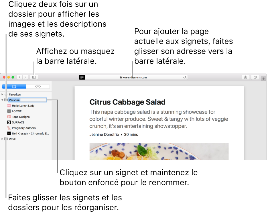 Une fenêtre Safari affichant les signets de la barre latérale ; l’un d’eux est sélectionné en vue d’être modifié.
