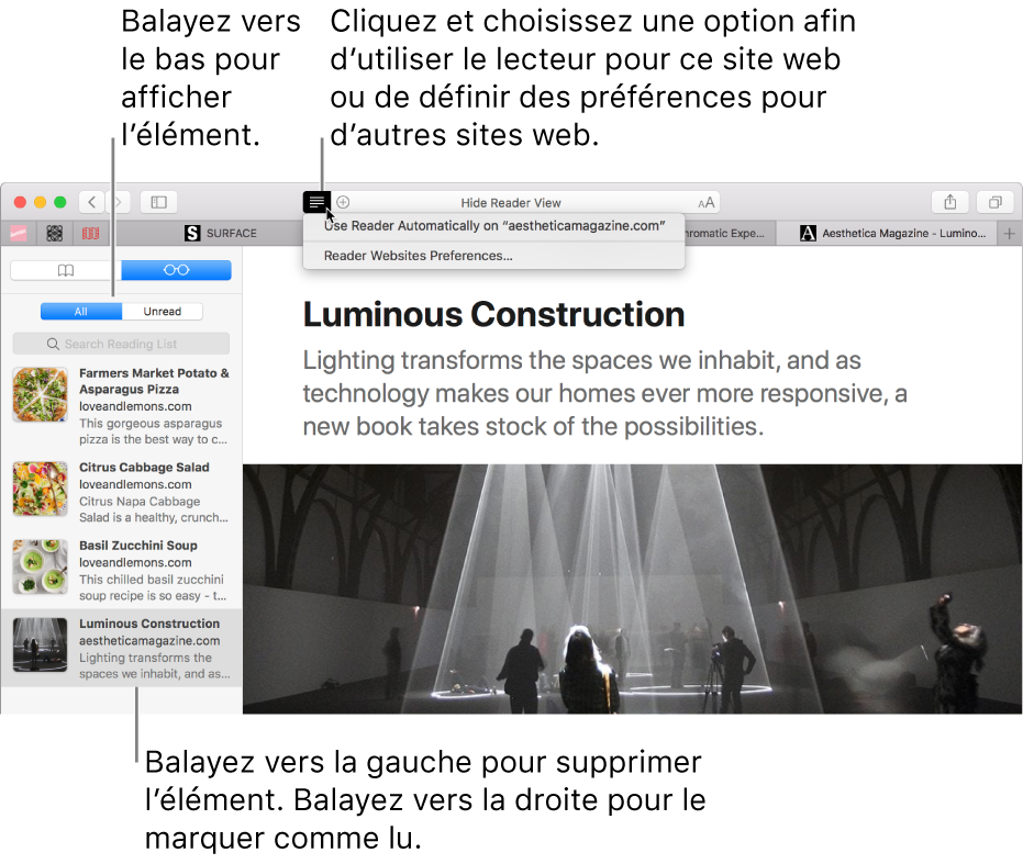 Une fenêtre Safari avec une liste de lecture.