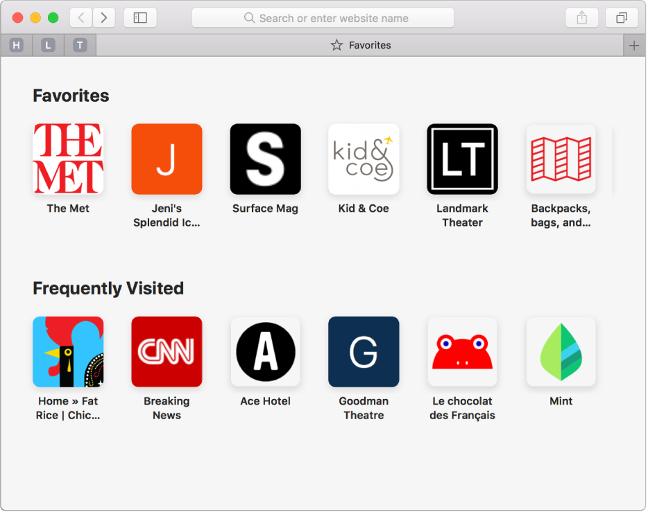 De startpagina van Safari met favoriete en veelbezochte websites.
