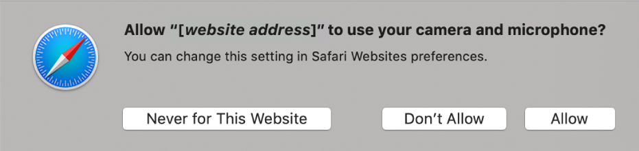 A dialogue showing the options for sharing the camera and microphone on your Mac with a website.