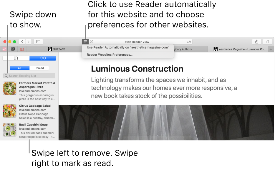 A Safari window with a Reading List displayed.