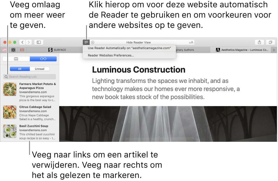 Een Safari-venster met daarin een leeslijst.
