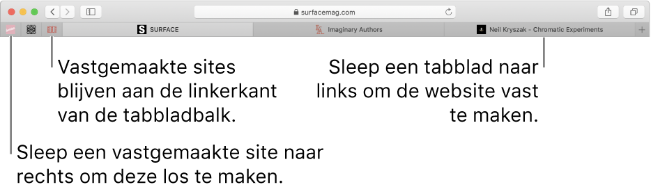 Vastgemaakte websites in de tabbladbalk van Safari.