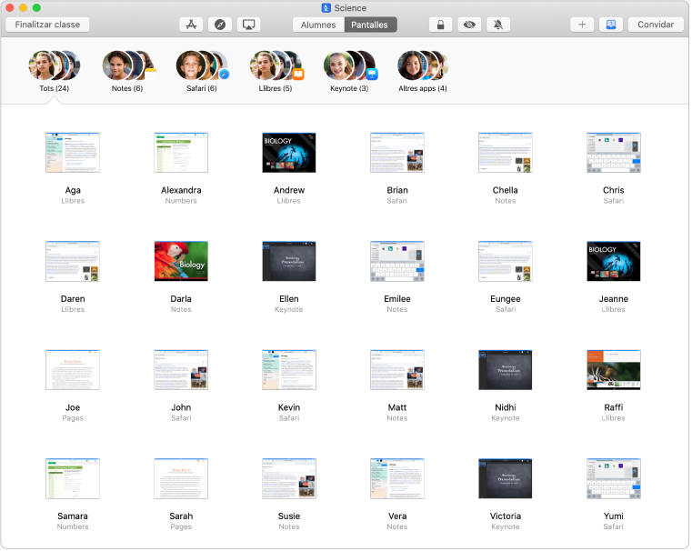 Finestra de l’app Aula en un Mac, amb el botó Pantalles ressaltat. La pantalla de cada alumne seleccionat es mostra a la part inferior de la pantalla.