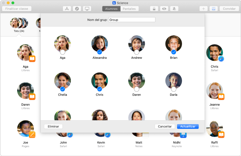 Finestra de l’app Aula que mostra els alumnes seleccionats per a una classe. A la part inferior del tauler d’invitació hi ha els botons Eliminar, Cancel·lar i Actualitzar.