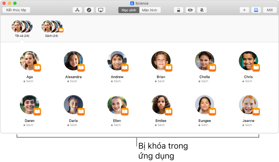 Cửa sổ Lớp học đang hiển thị một nhóm các học sinh “được khóa” vào một ứng dụng.