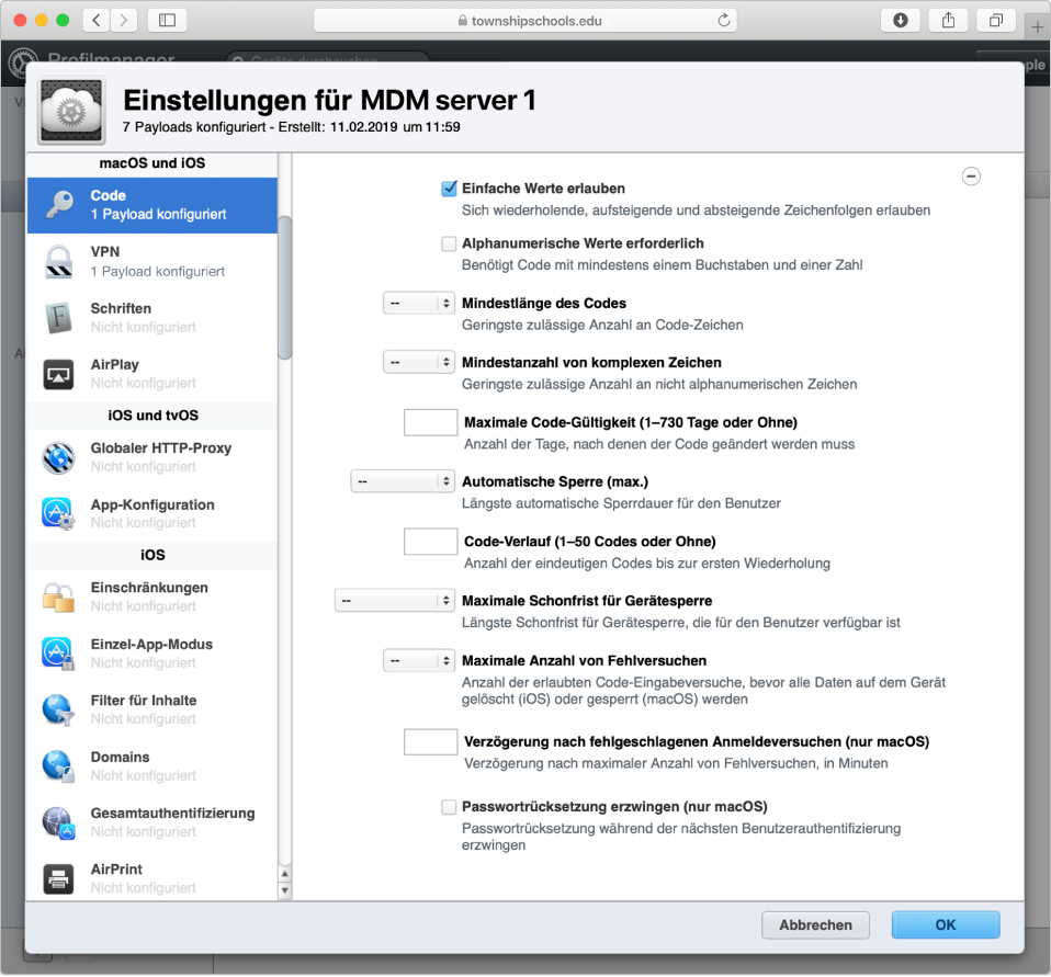 Optionen für macOS-, iOS- und iPadOS-Code und -Passworteinschränkungen im Profile Manager.