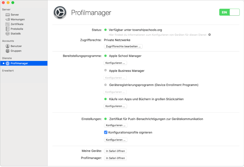 Der Profilmanager wird mit der Server-App gestartet und mithilfe der Webschnittstelle des Profilmanagers konfiguriert.
