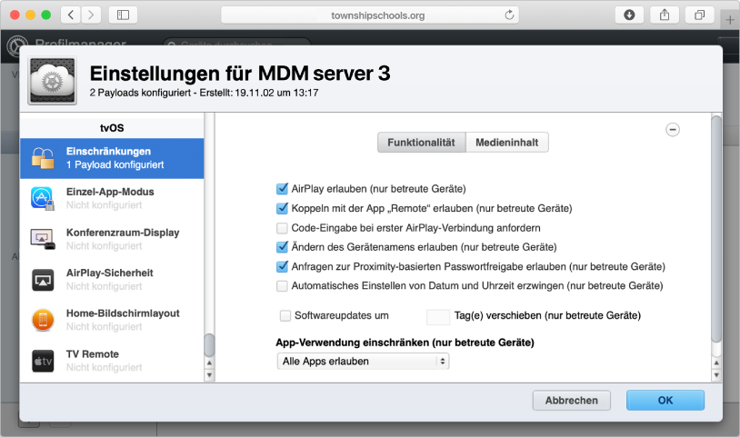 Zu Apple TV-Einschränkungen und -Payloads gehört das Zurückstellen von Softwareupdates und Einrichten des Home-Bildschirms.