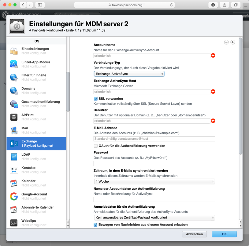 Du kannst für Benutzer von iOS- und iPadOS-Geräten ein Exchange ActiveSync-Konfigurationsprofil erstellen.