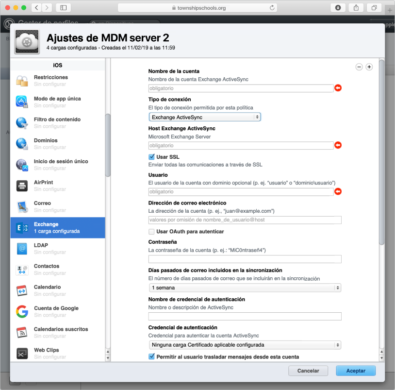Crea un perfil de configuración de Exchange ActiveSync para usuarios de dispositivos iOS y iPadOS.
