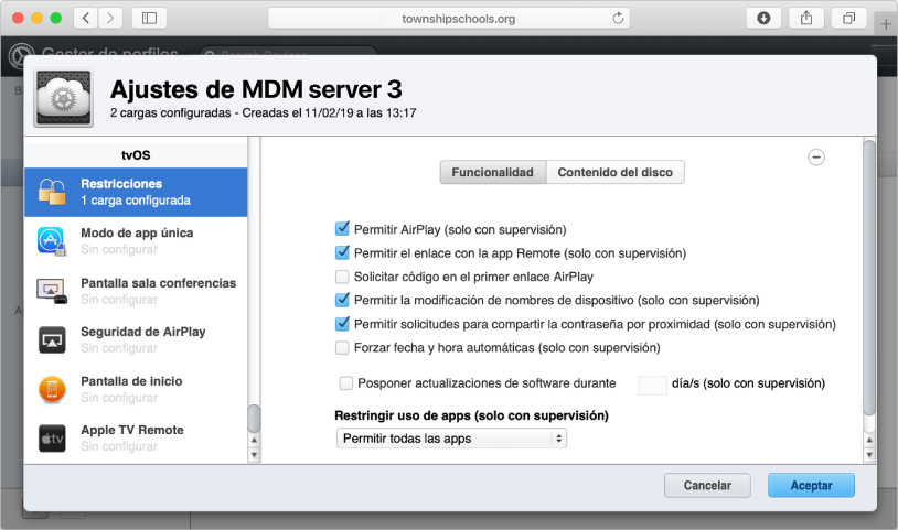 Las restricciones y cargas del Apple TV te permiten, entre otras cosas, posponer las actualizaciones de software y configurar la pantalla de inicio.