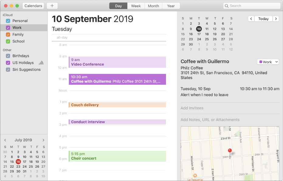 A Calendar window in Day view showing colour-coded personal, work, family and school calendars in the sidebar under the iCloud account heading.