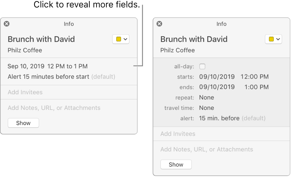 Info window for an event with details hidden (on the left), and the same event’s info window with duration details showing (on the right).