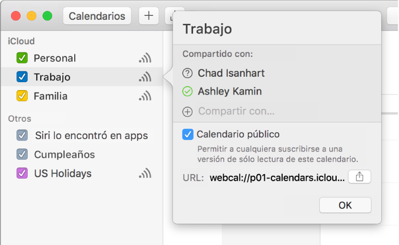La ventana "Configuración de compartir" con dos personas invitadas para compartir, y la opción "Calendario público" seleccionada