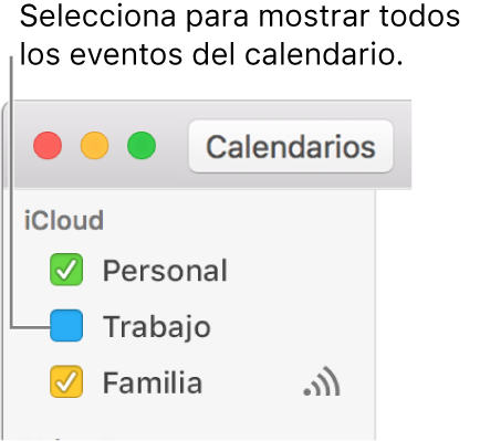 Selecciona la casilla de selección de un calendario para mostrar todos sus eventos