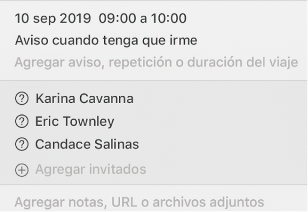 Ventana de información de un evento, recortada para sólo mostrar los invitados