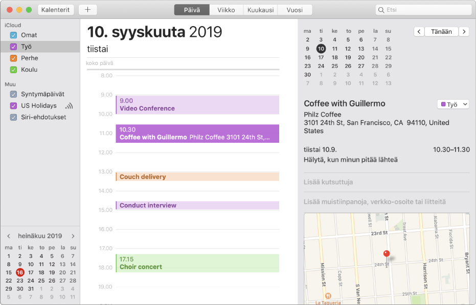 Kalenteri-ikkunassa päivänäkymä, jossa näytetään sivupalkissa iCloud-tilin alla värikoodatut henkilökohtaiset kalenterit sekä työ-, perhe- ja koulukalenterit.