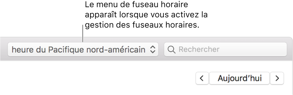 Le menu Fuseau horaire apparaît à gauche du champ de recherche, lorsque la prise en charge de cette fonctionnalité est activée
