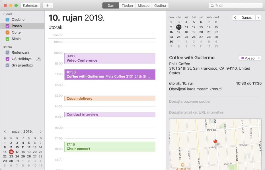 Prozor Kalendar u dnevnom prikazu koji prikazuje događaje kodirane bojom za osobne, poslovne, obiteljske i školske kalendare u rubnom stupcu pod naslovom računa iClouda.