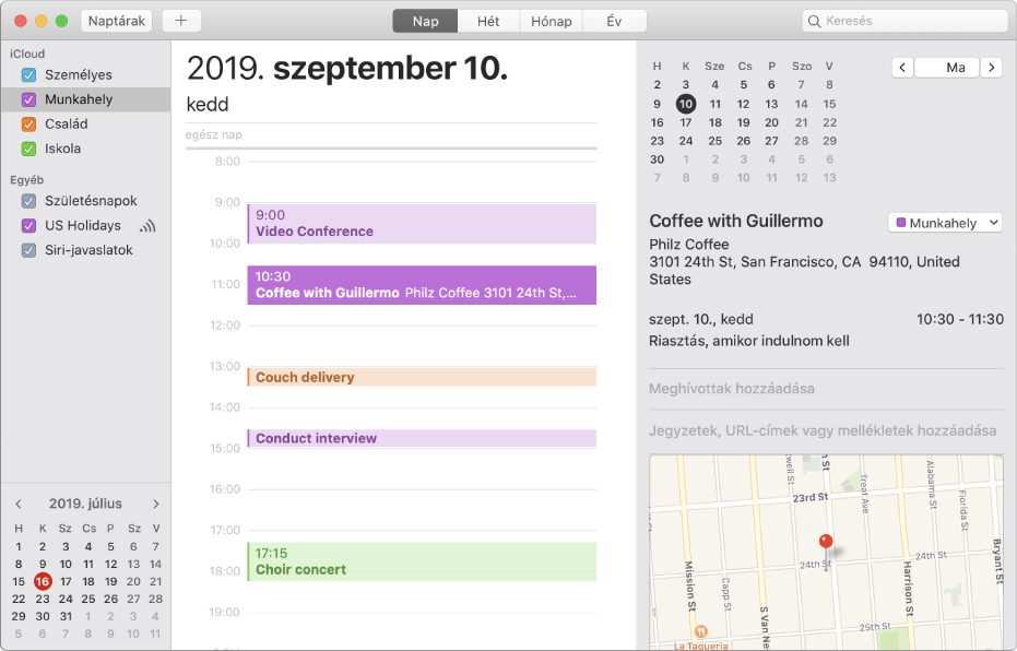 Naptár ablak Napi nézetben; színkódos események láthatók az iCloud-fiók fejléce alatti oldalsávban felsorolt személyes, munka- és családi naptárakhoz.