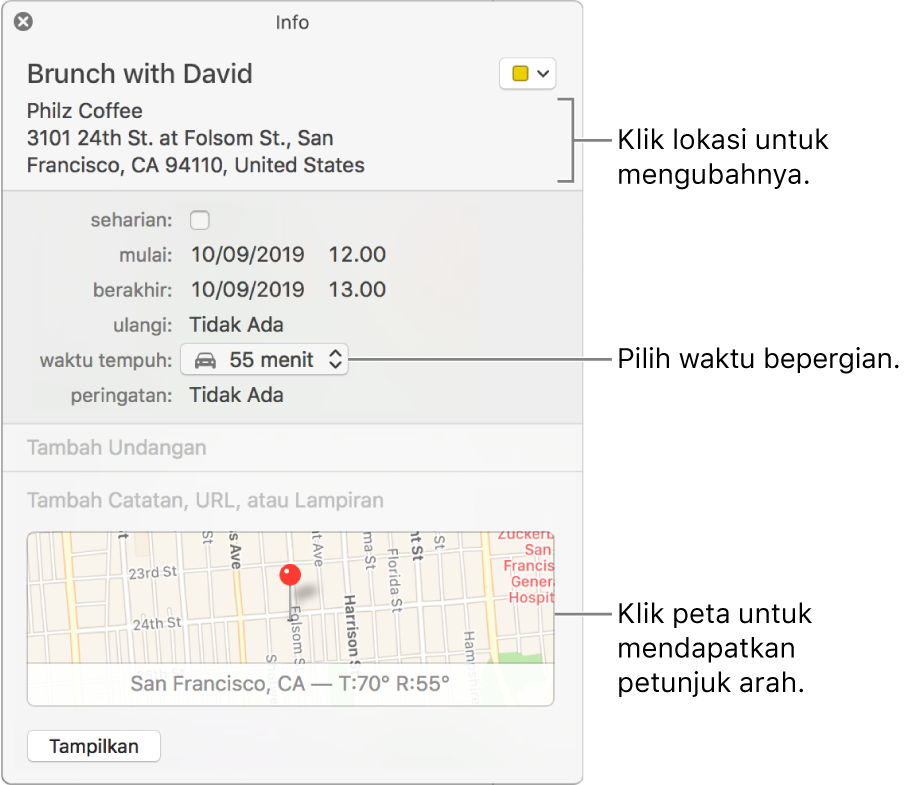 Jendela info untuk acara, dengan penunjuk di atas menu pop-up Waktu Perjalanan. Pilih waktu perjalanan dari menu pop-up. Klik lokasi untuk mengubahnya. Klik peta untuk mendapatkan petunjuk arah