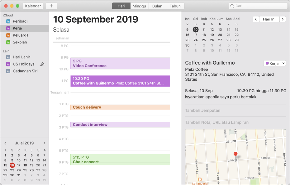 Tetingkap Kalendar dalam paparan Hari menunjukkan kalendar peribadi, kerja, keluarga dan sekolah dikod warna dalam bar sisi di bawah pengepala akaun iCloud.