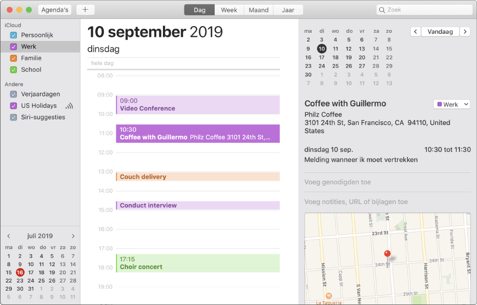 Een Agenda-venster in de dagweergave met een privé-, werk-, gezins- en schoolagenda in verschillende kleuren in de navigatiekolom onder de iCloud-account.