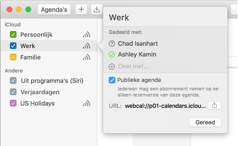 Het venster 'Instellingen voor delen' met twee personen die worden uitgenodigd om te delen en de optie 'Publieke Agenda' geselecteerd