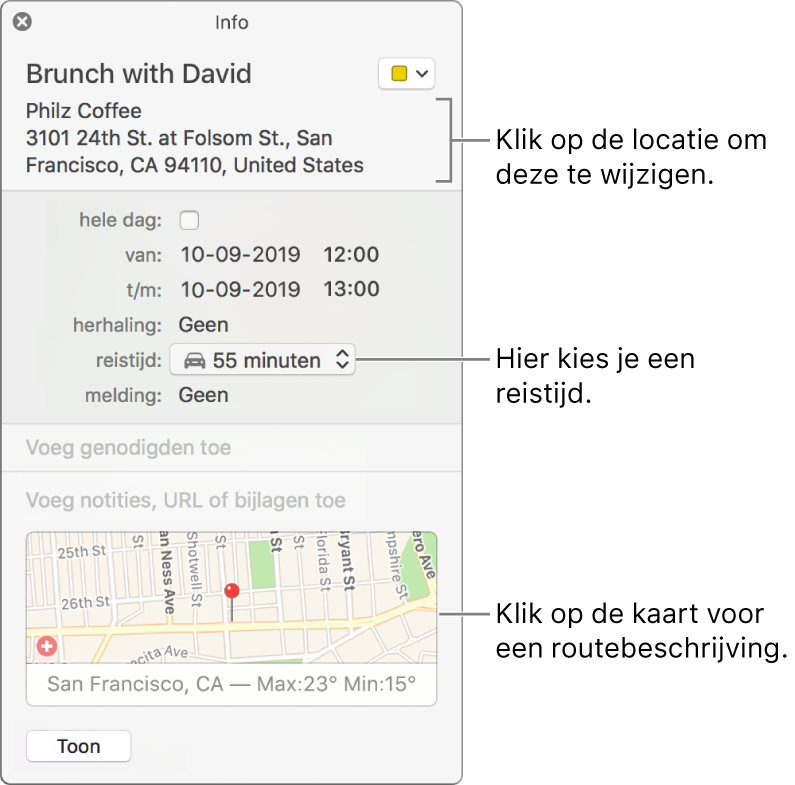 Infovenster voor een activiteit, met de aanwijzer op het venstermenu 'Reistijd'. Kies een reistijd uit het venstermenu. Klik op de locatie om deze te wijzigen. Klik op de kaart voor een routebeschrijving