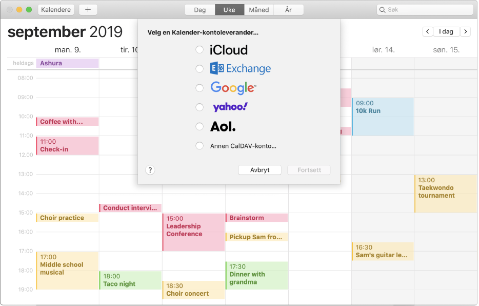 Et Kalender-vindu som viser Legg til konto-panelet.